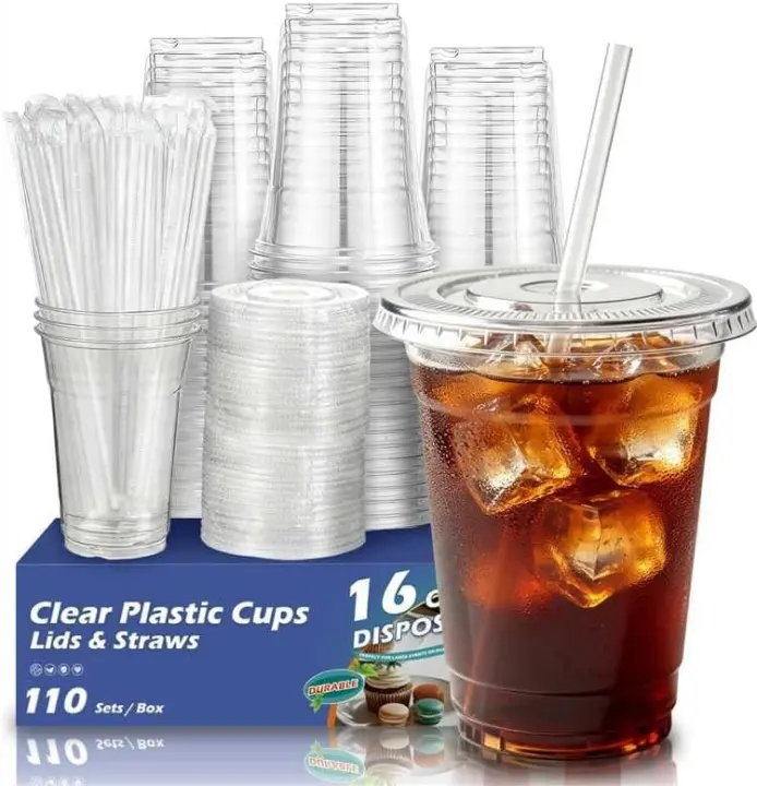 110-Pack 16 oz Clear Plastic Cold Drink Cups with Lids & Straws