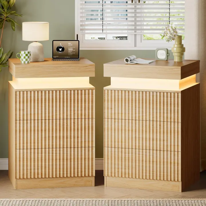 18-inch Fluted Mid‑Century Nightstand Pair with Sliding Top, LED & Charging