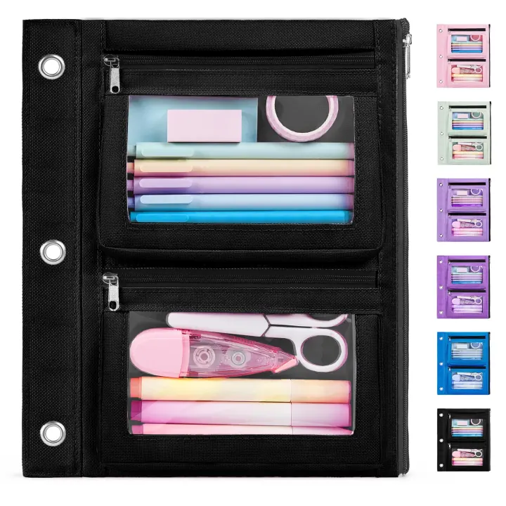 3-Ring Binder Pencil Pouch — 3-Pocket Zipper Organizer with Clear Windows