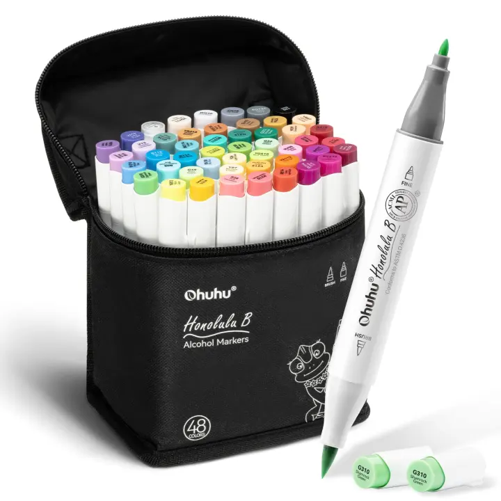 48-Color Alcohol Brush & Fine Tip Markers — Dual-Tip Art Set