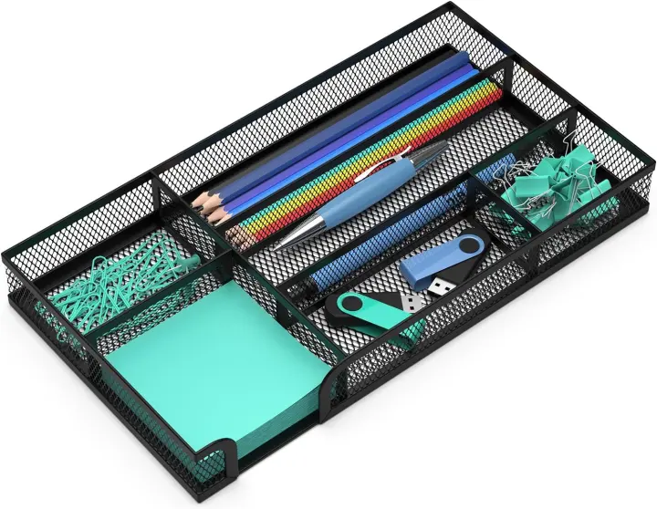 6-Compartment Metal Mesh Desk Drawer Organizer Tray