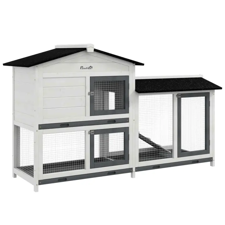 62" Wooden Rabbit Hutch with Run Area — Multi-Level Small Animal Enclosure