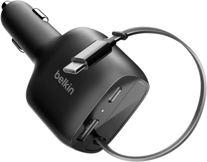 75W USB-C Car Charger with Built-In Retractable Cable