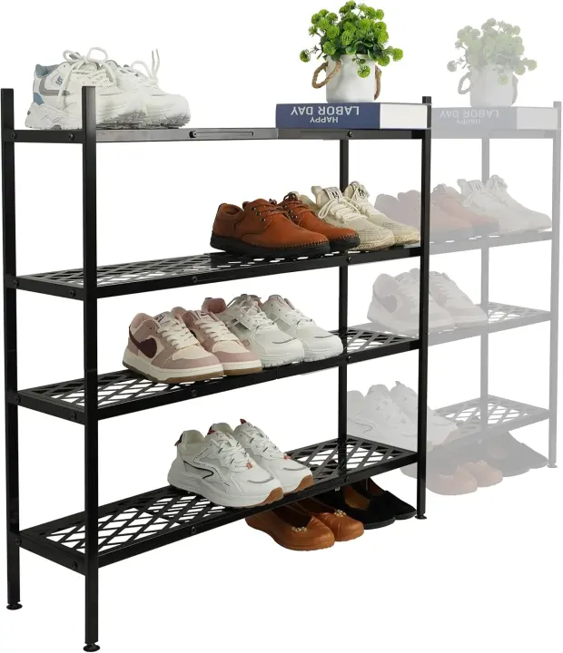 Adjustable 4-Tier Metal Shoe Rack — Expandable 34.6–45.6 in, Black