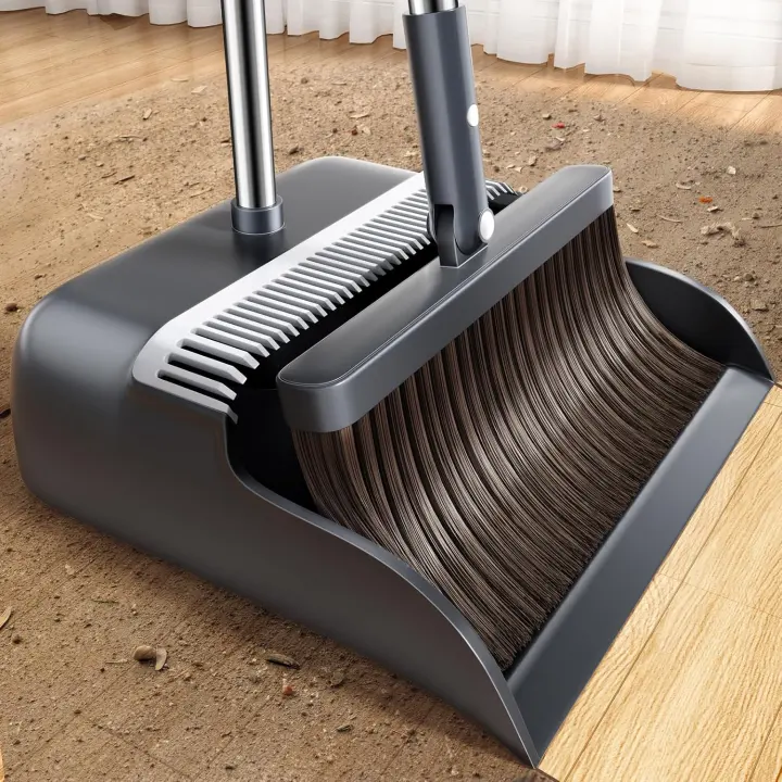 Adjustable Broom and Dustpan Set with Long Handle & Extra Head