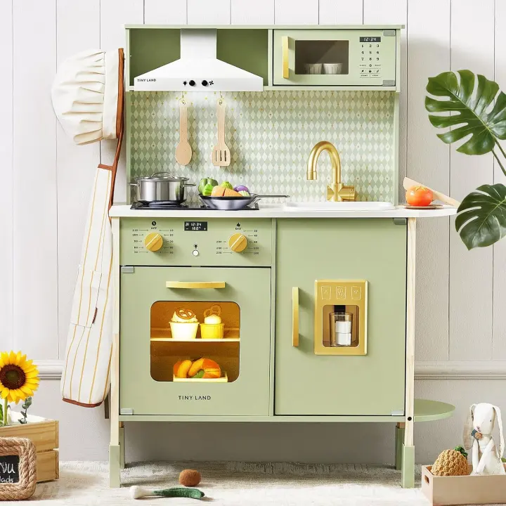 Adjustable Wooden Kids Play Kitchen — Lights, Sounds & Accessories