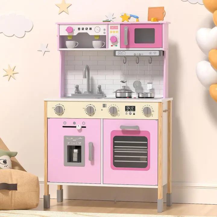 Adjustable Wooden Play Kitchen with Lights, Sounds & 34-Piece Set