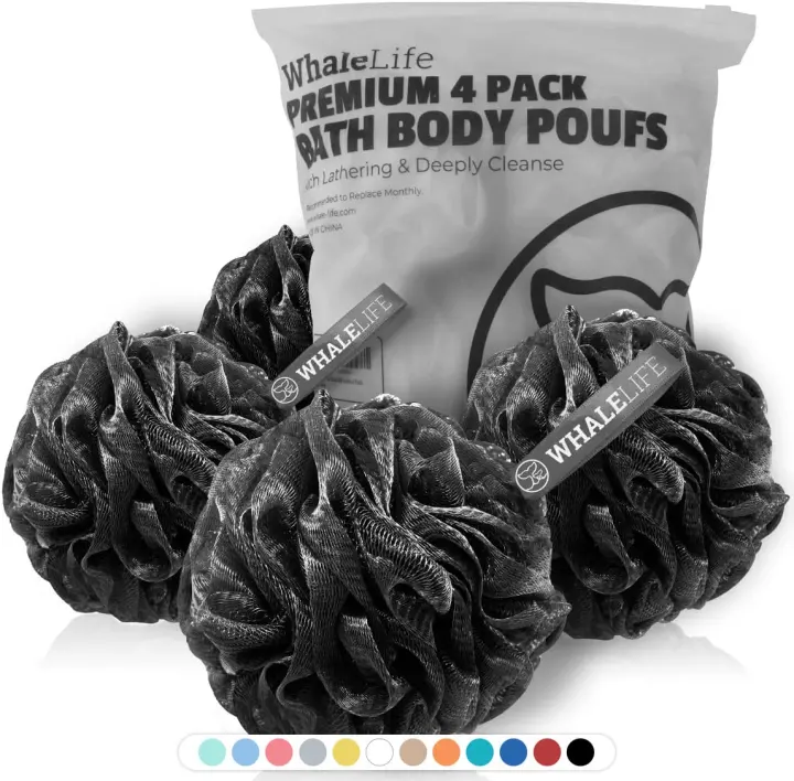 Black Shower Loofah Sponges — 4-Pack Body Scrubbers