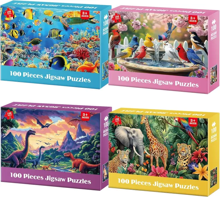 BraniacBits 4-Pack 100-Piece Jigsaw Puzzles for Kids, Adults & Seniors