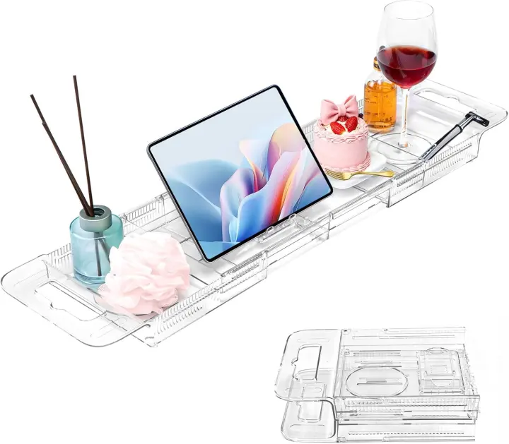 Clear Expandable Acrylic Bathtub Tray Caddy — Foldable Tub Shelf