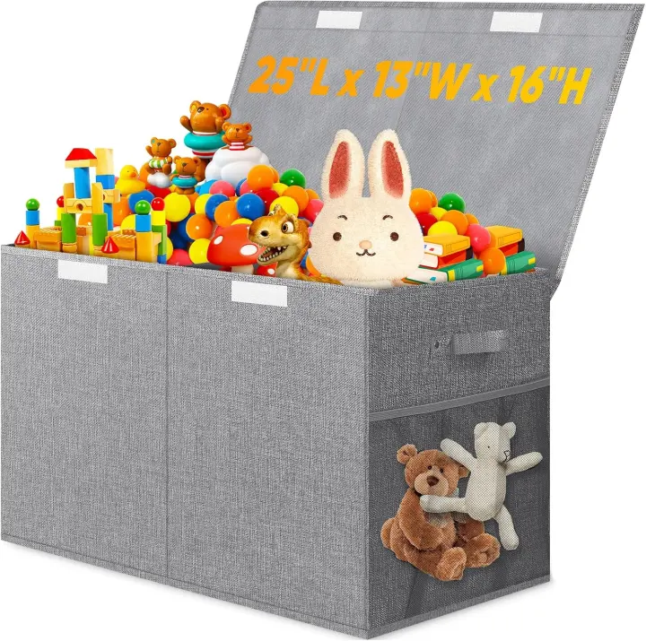 Collapsible Large Toy Storage Box with Lid & Divider — Gray Toy Box (25x13x16 in)