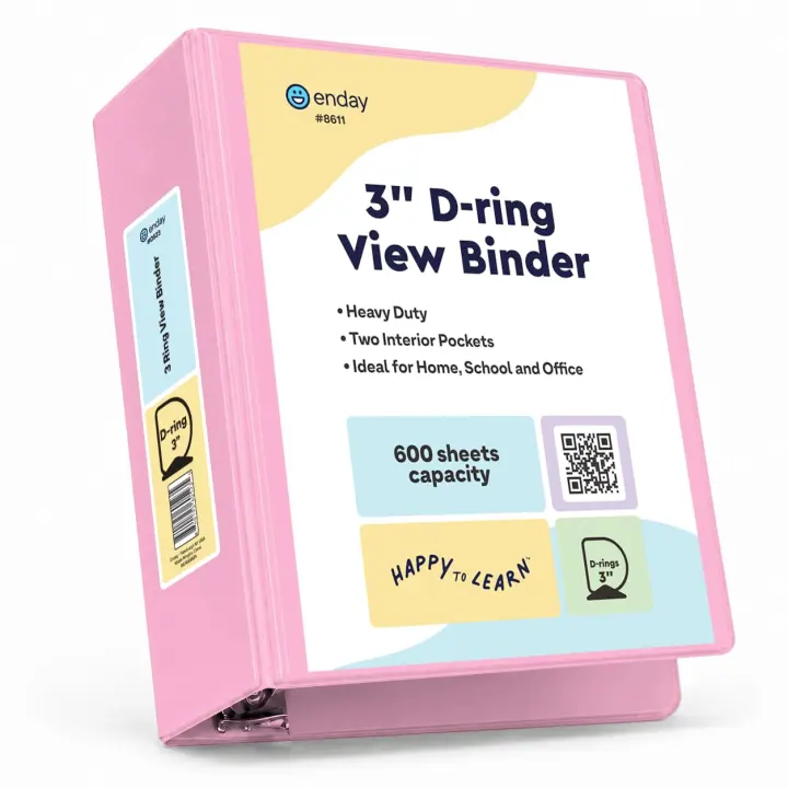 Enday 3-Inch D-Ring Pink Binder — 3-Ring View Binder for 8.5 x 11 Paper