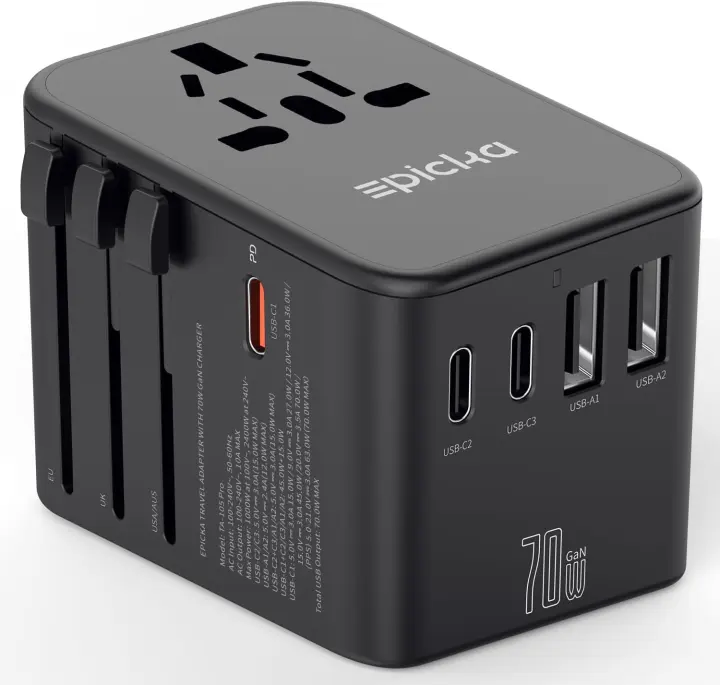 Epicka 70W GaN PD Universal Travel Adapter — 3 USB‑C, 2 USB‑A