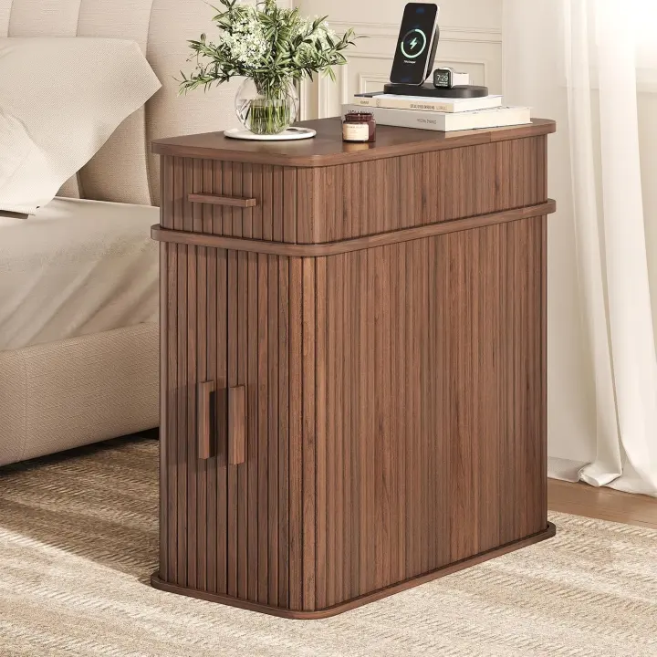 Fluted Slim End Table with Charging Station — Narrow Walnut Nightstand