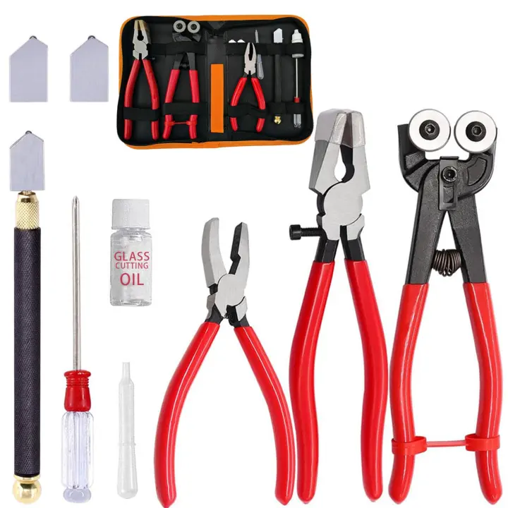 Glass Cutting Tool Kit with Nippers, Pliers & Oil-Feed Cutter