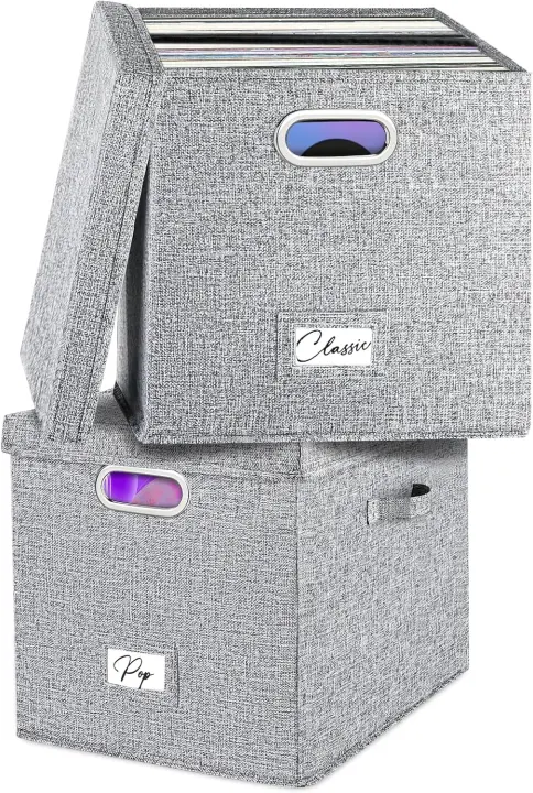 Gray Linen Vinyl Record Crates — 2-Pack Lidded Carry Boxes, 50 LPs Each