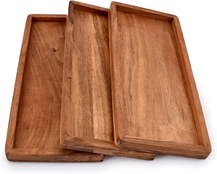 Hand-Finished Acacia Rectangular Serving Platter Set (3) — 13 x 5.5 in