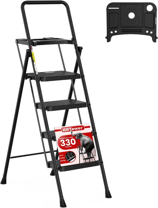 HBTower Folding 4-Step Steel Step Ladder with Wide Non-Slip Treads