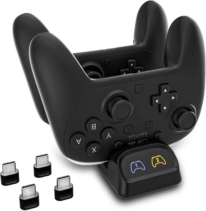 HEATFUN Dual USB‑C Controller Charger Dock with LED Indicators — Black