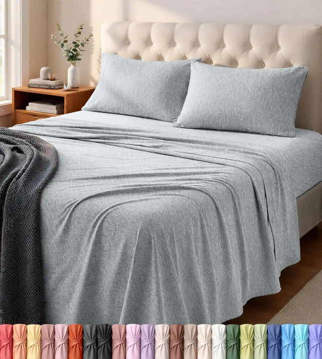 Jersey Knit 4-Piece Sheet Set — Queen, Heather Light Gray