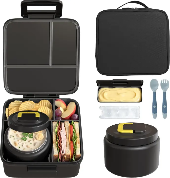 Kids 5-Compartment Bento Lunch Kit with 8oz Thermos and Insulated Tote