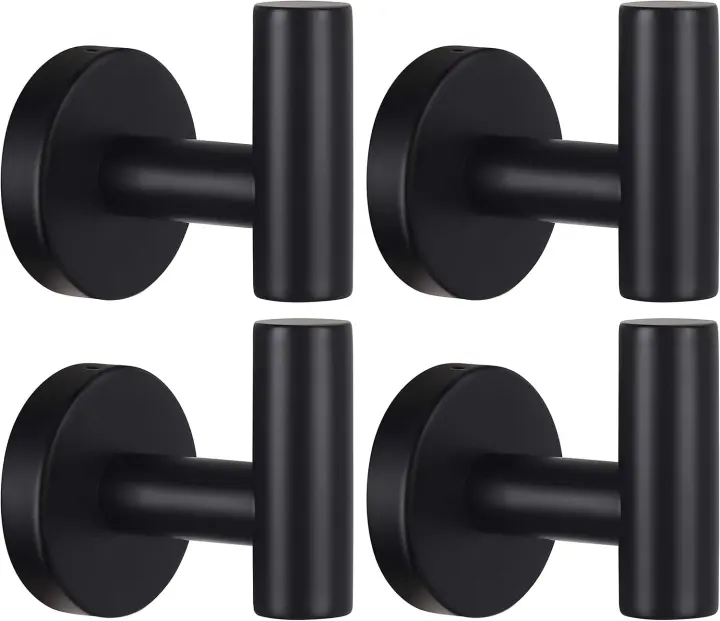 Matte Black Stainless Steel Towel Hooks — Wall & Door Mount (4-Pack)