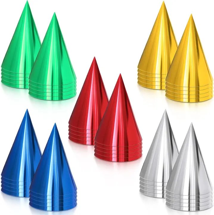 Metallic Foil Birthday Party Hats — 15-Pack Cone Hats