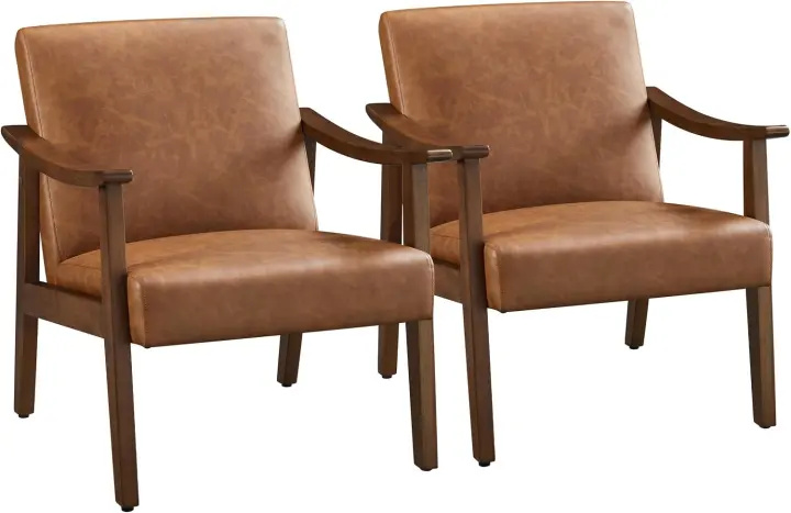Mid-Century Faux Leather Accent Armchairs — Set of 2 (Brown)