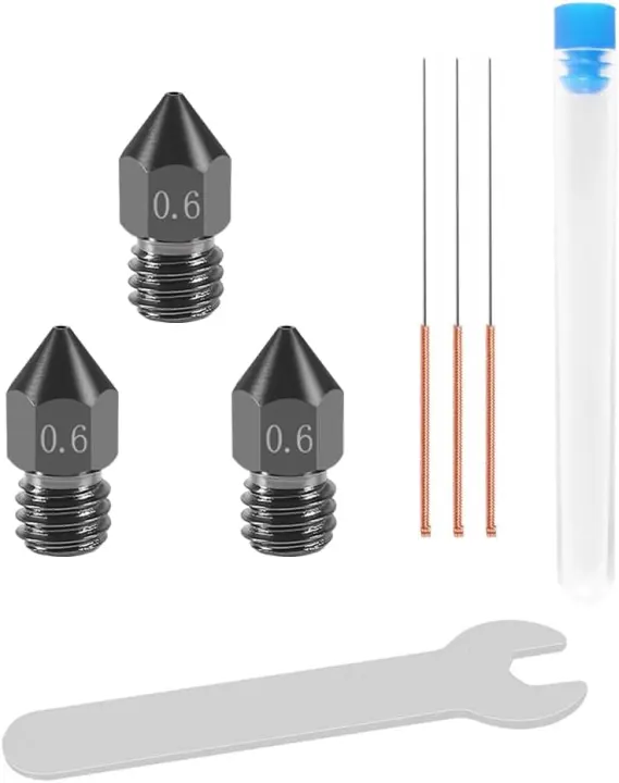 MK8 Hardened Steel 0.6mm 3D Printer Nozzles + 0.5mm Cleaning Needles (6pc)