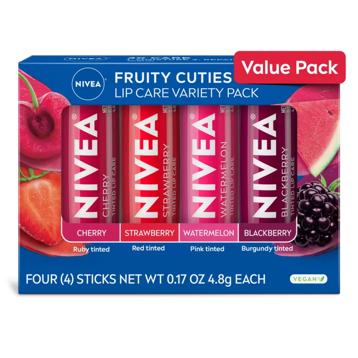 NIVEA Fruity Lip Balm Variety Pack — 4 Tinted Sticks (0.17 oz)