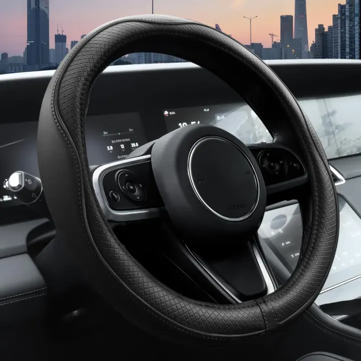 Ouzorp Microfiber Leather Steering Wheel Cover — Fits 14.5–15 in (Black)