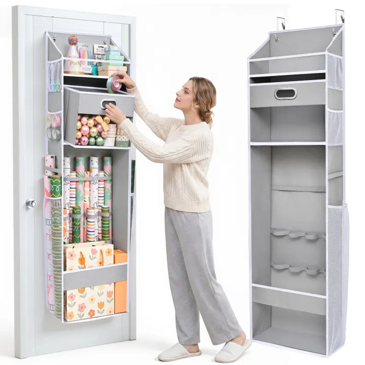 Over-the-Door Wrapping Paper Storage Organizer with Removable Drawer