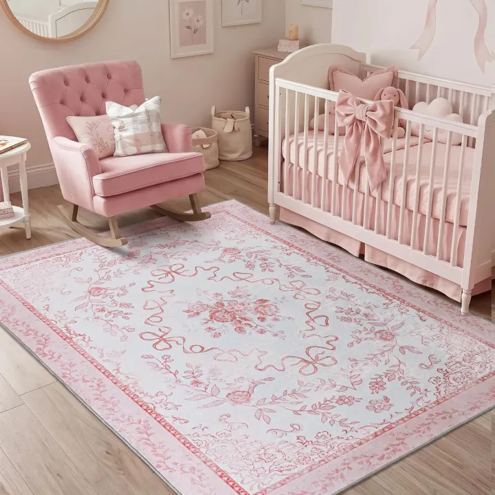 Pink Vintage Floral Nursery Rug 5x7 — Washable Girls Room Accent