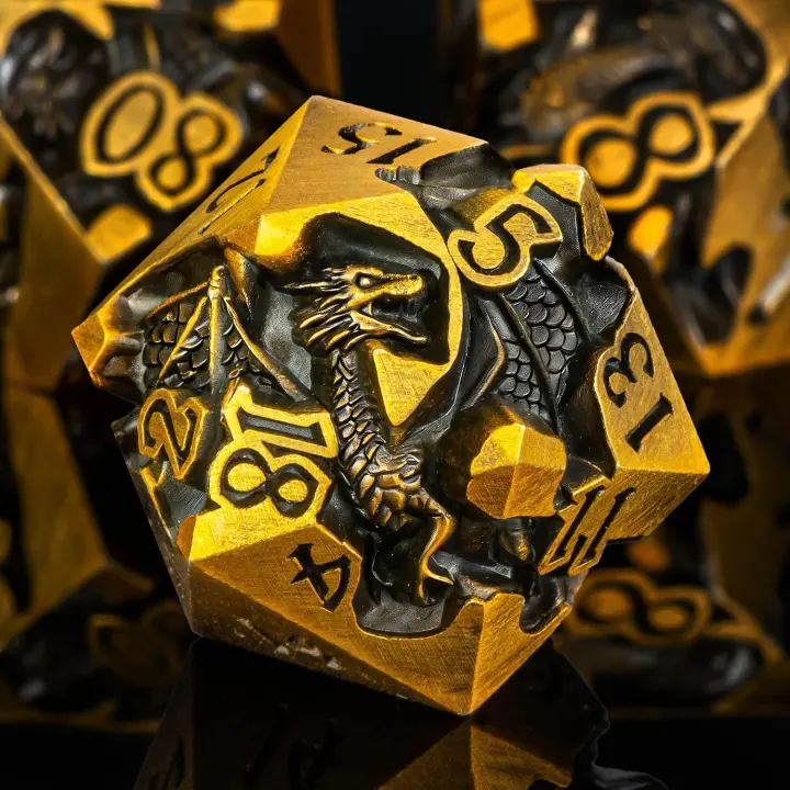 Relief Dragon Metal Polyhedral Dice Set — 7-Piece RPG Dice (Gold)