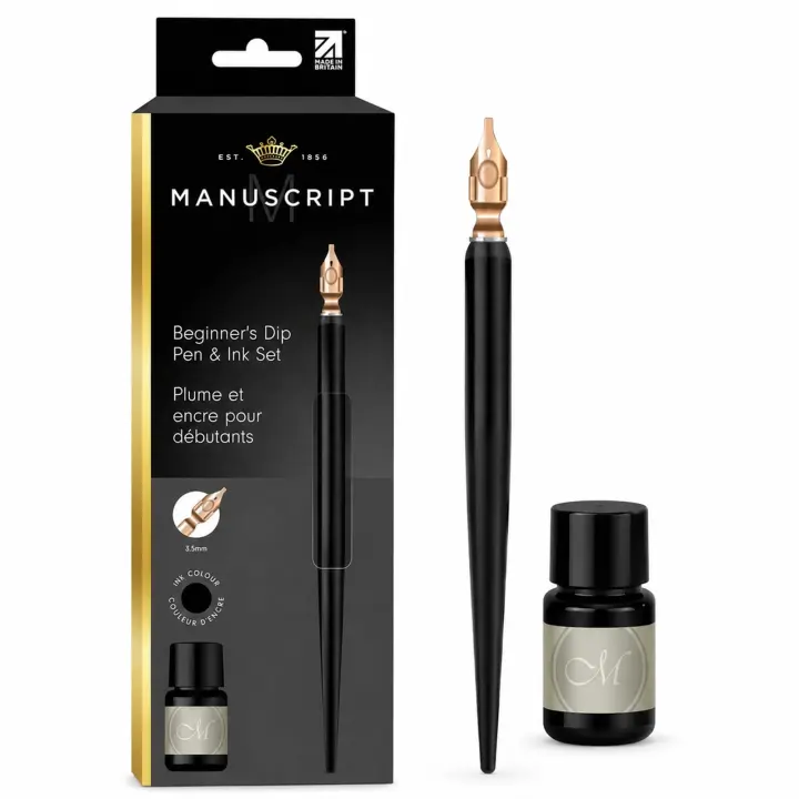 Round Hand Dip Pen Starter Set — Wooden Holder, 3.5 Nib & Black Ink