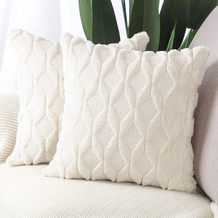 Set of 2 18x18-Inch Plush Short Wool Velvet Pillow Covers — Beige