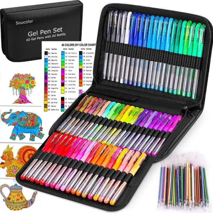 Soucolor 120-Piece Gel Pen Set for Coloring (60 Pens + 60 Refills)