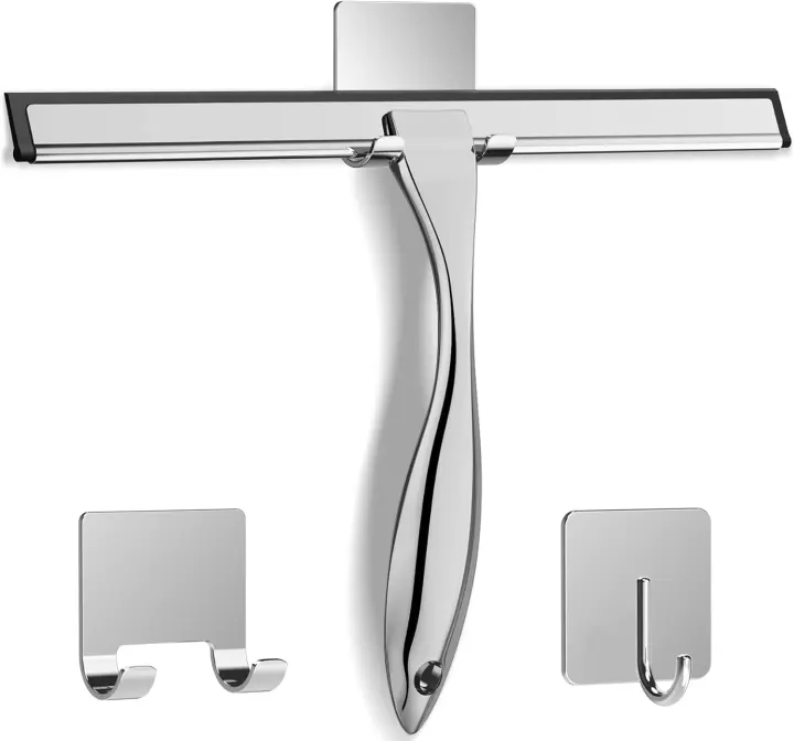 Stainless Steel Shower Squeegee with 2 Adhesive Hooks — All-Purpose