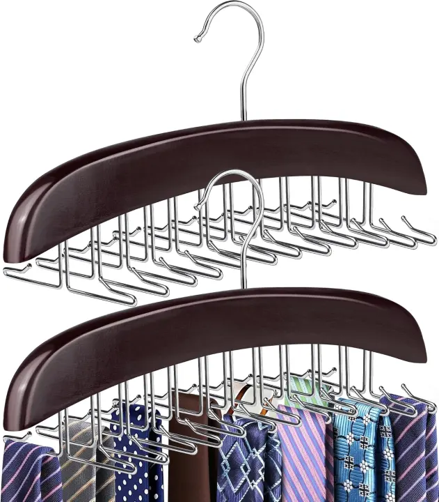 Wooden 2-Pack Tie & Belt Hanger — 24 Metal Hooks Each (48 Total)