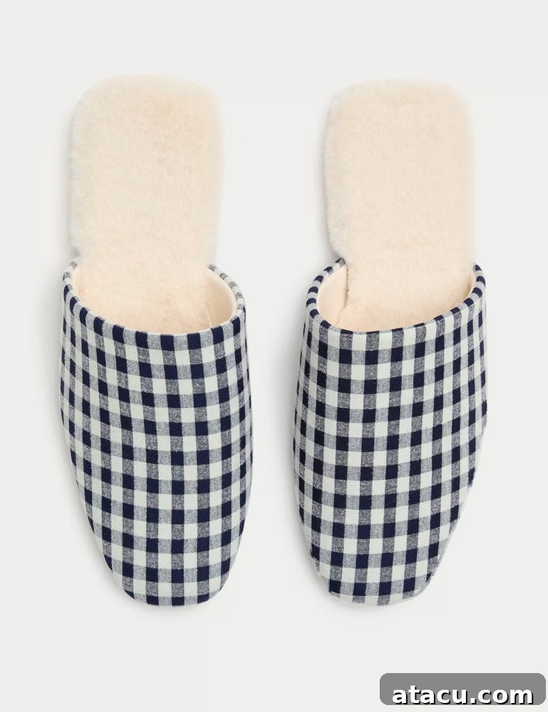 The Best Slippers for a Cozy Winter at Home 4 M&S blue gingham faux fur lined slippers – a charming and cozy option