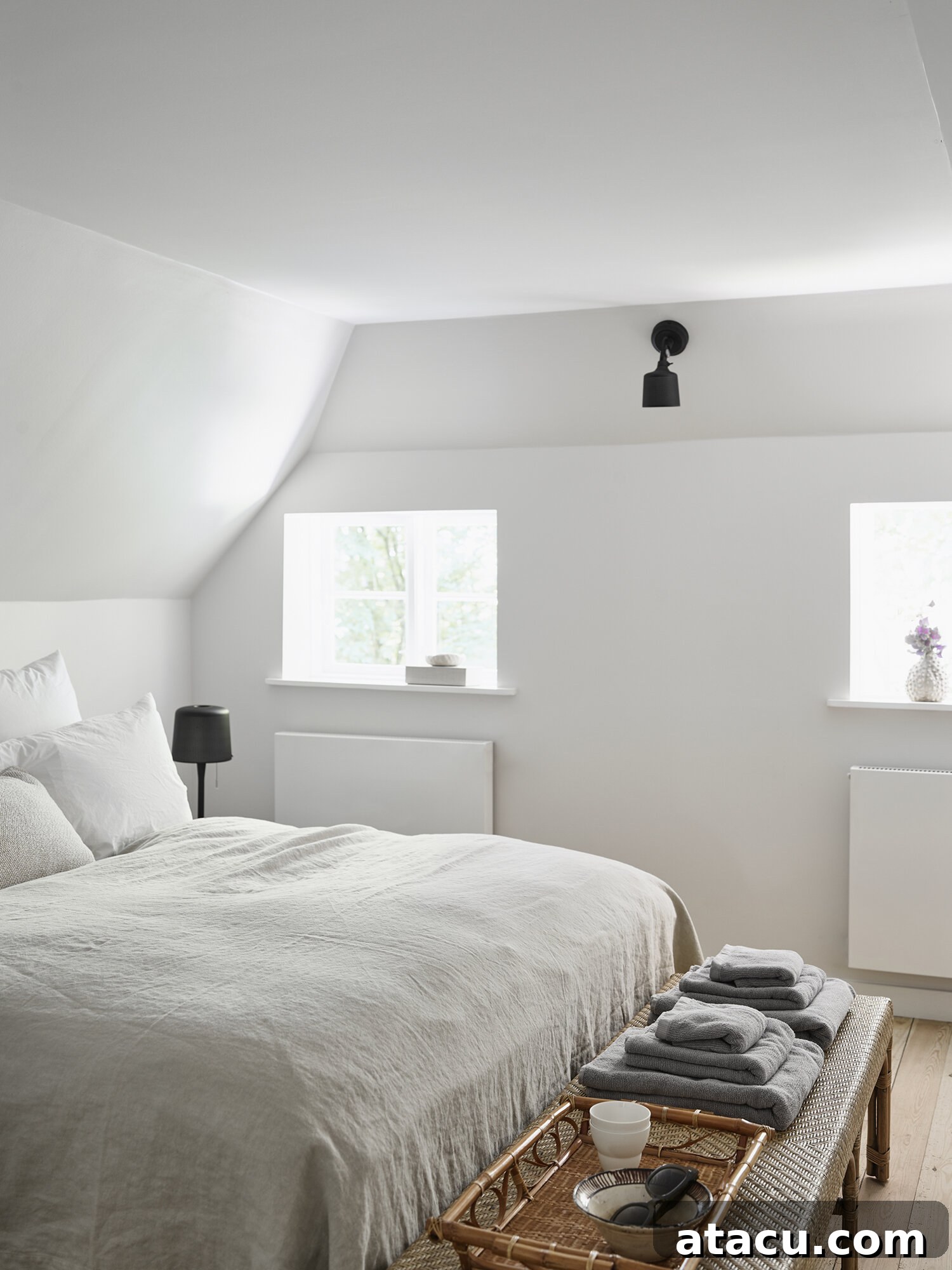 Vipp Farmhouse bedroom with minimalist Scandinavian design, featuring soft textiles and natural light