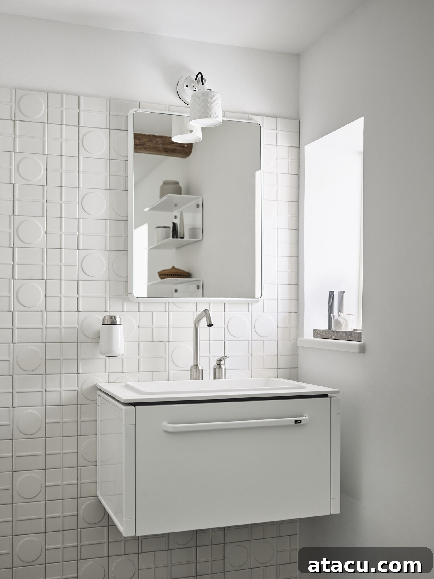 Vipp Farmhouse modern bathroom with sleek Vipp fixtures, a clean design for ultimate relaxation