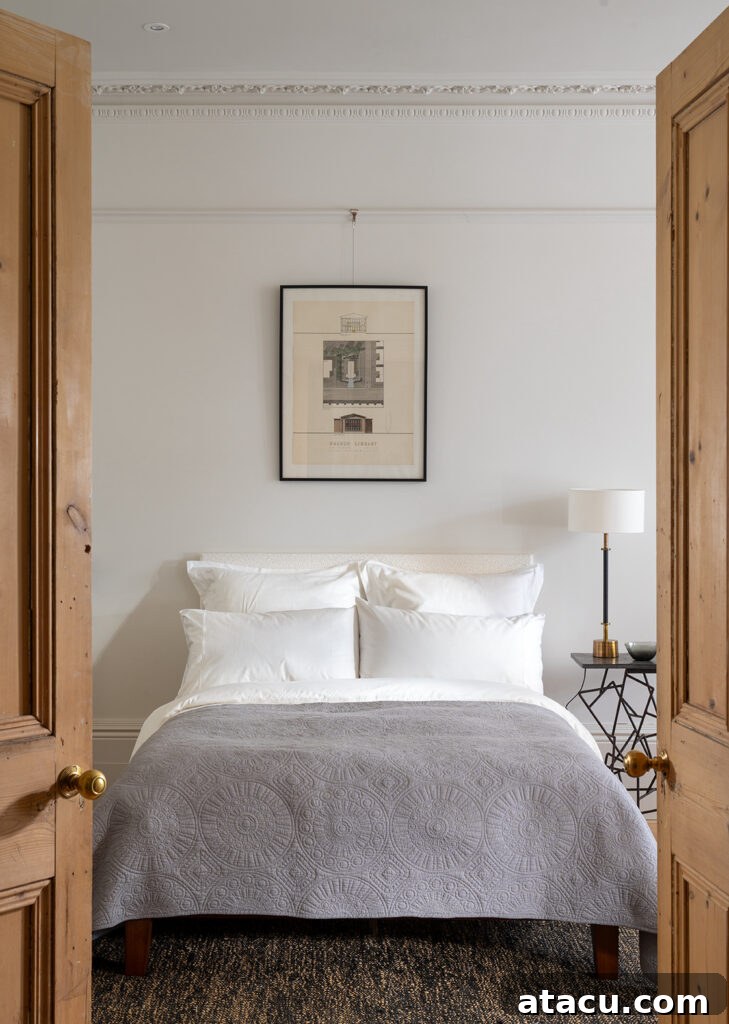 Cozy bedroom featuring crisp white Egyptian cotton bed sheets, a plush gray quilt, and minimalist decor, creating a serene and inviting atmosphere.