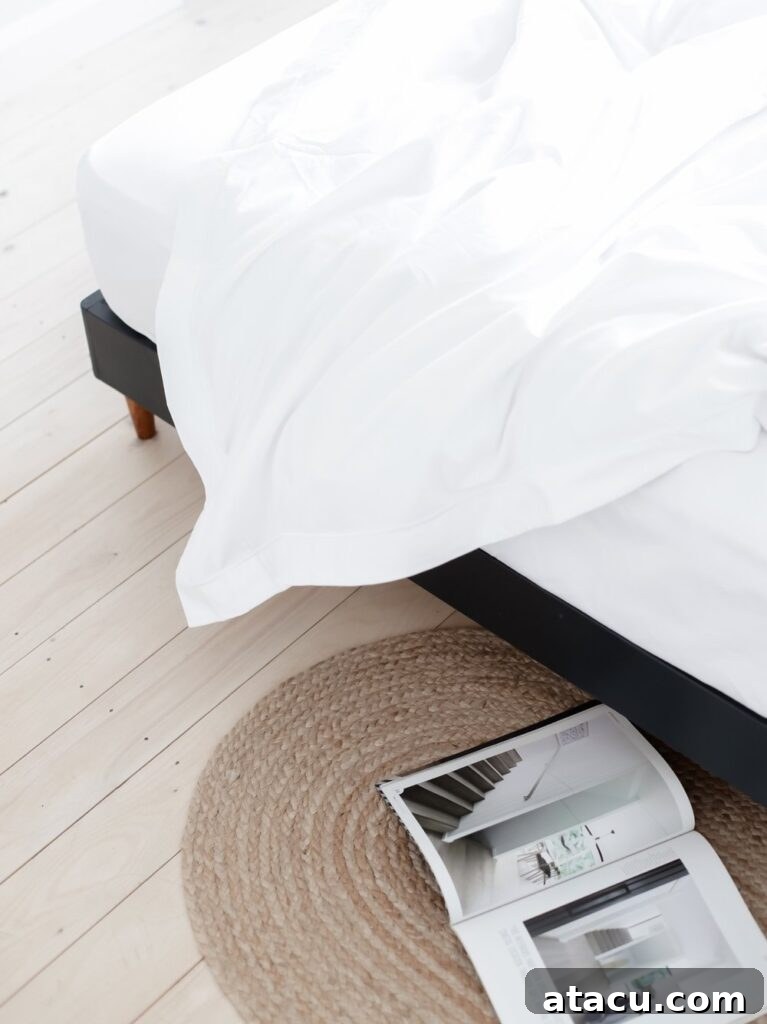 Neatly made bed with pristine white bed linen, suggesting freshness and comfort in a minimalist setting.