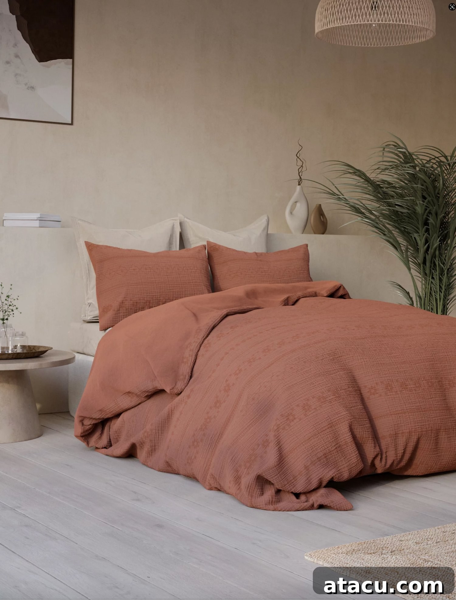 A bedroom with beige lime washed walls and terracotta bedding