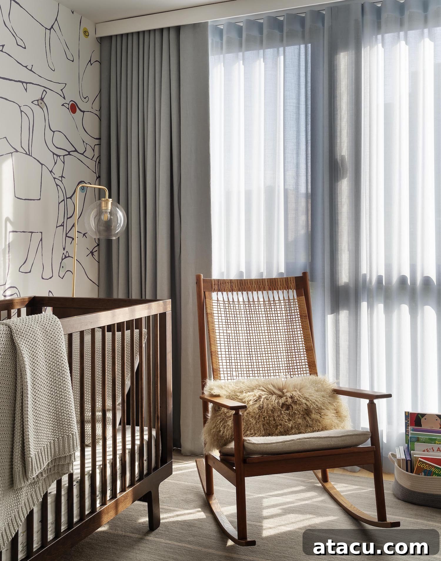 Children's room with playful yet minimalist design, featuring natural wood furniture and soft textiles.