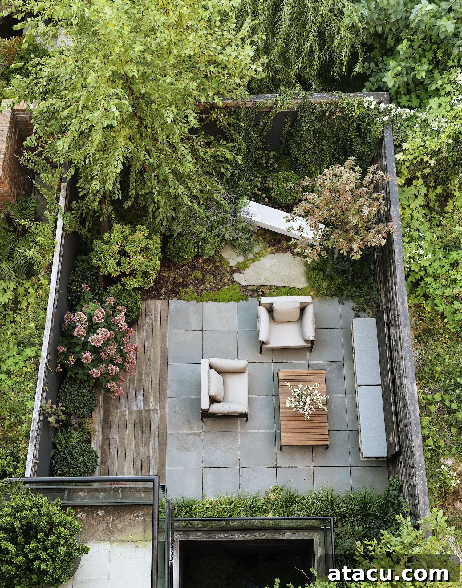 Exterior view of the Williamsburg townhouse, showcasing its modern facade and lush landscaping.