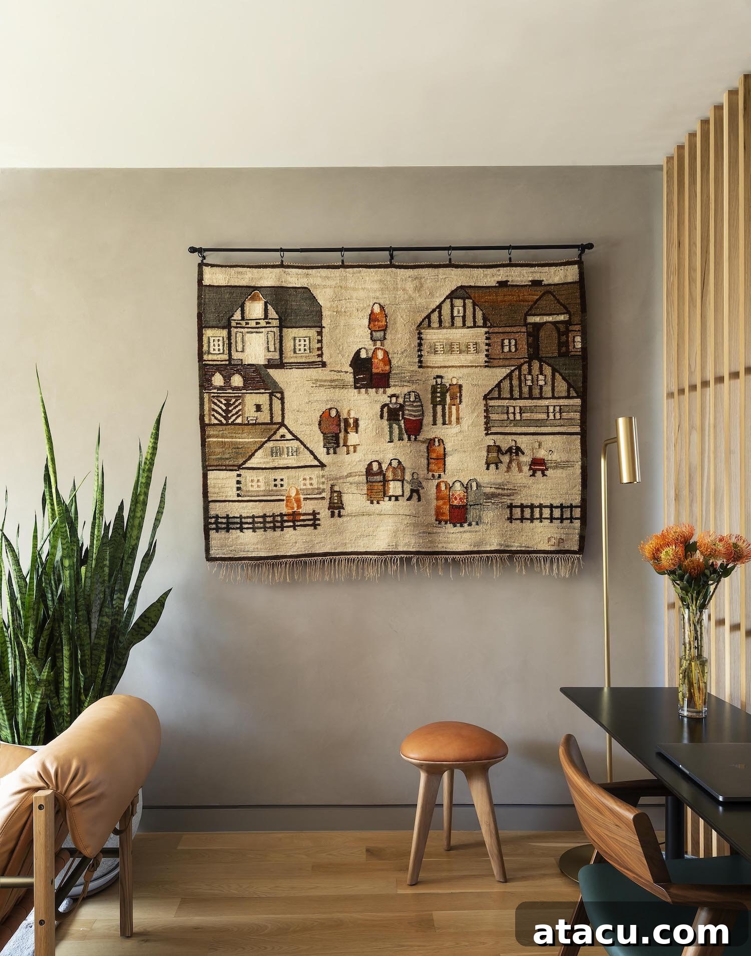 Another perspective of the inviting living room, showcasing seamless integration of natural elements.