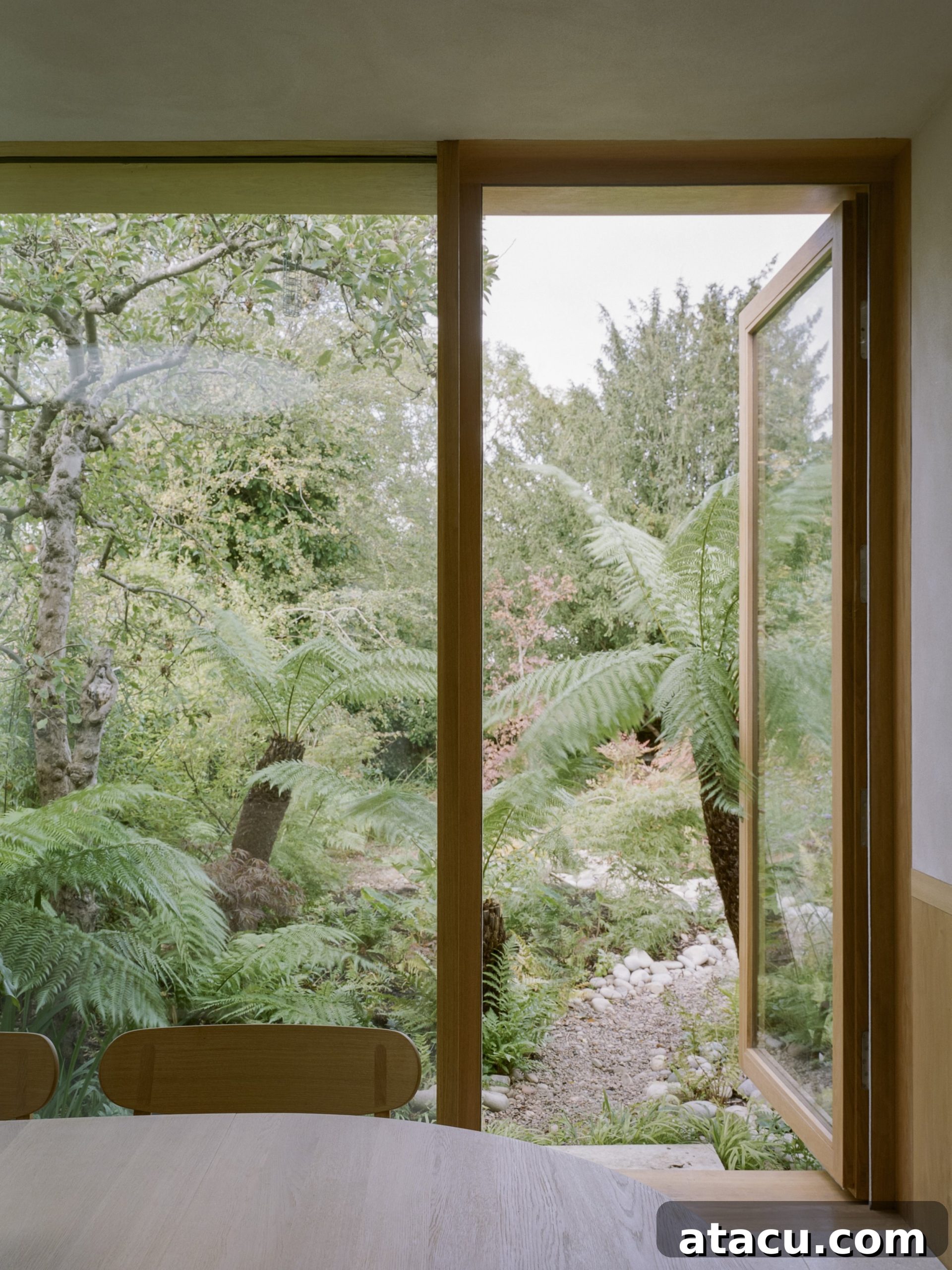 A contemporary dining room with minimalist decor, large glass doors opening to a lush garden featuring mature tree ferns, maximizing indoor-outdoor connection.