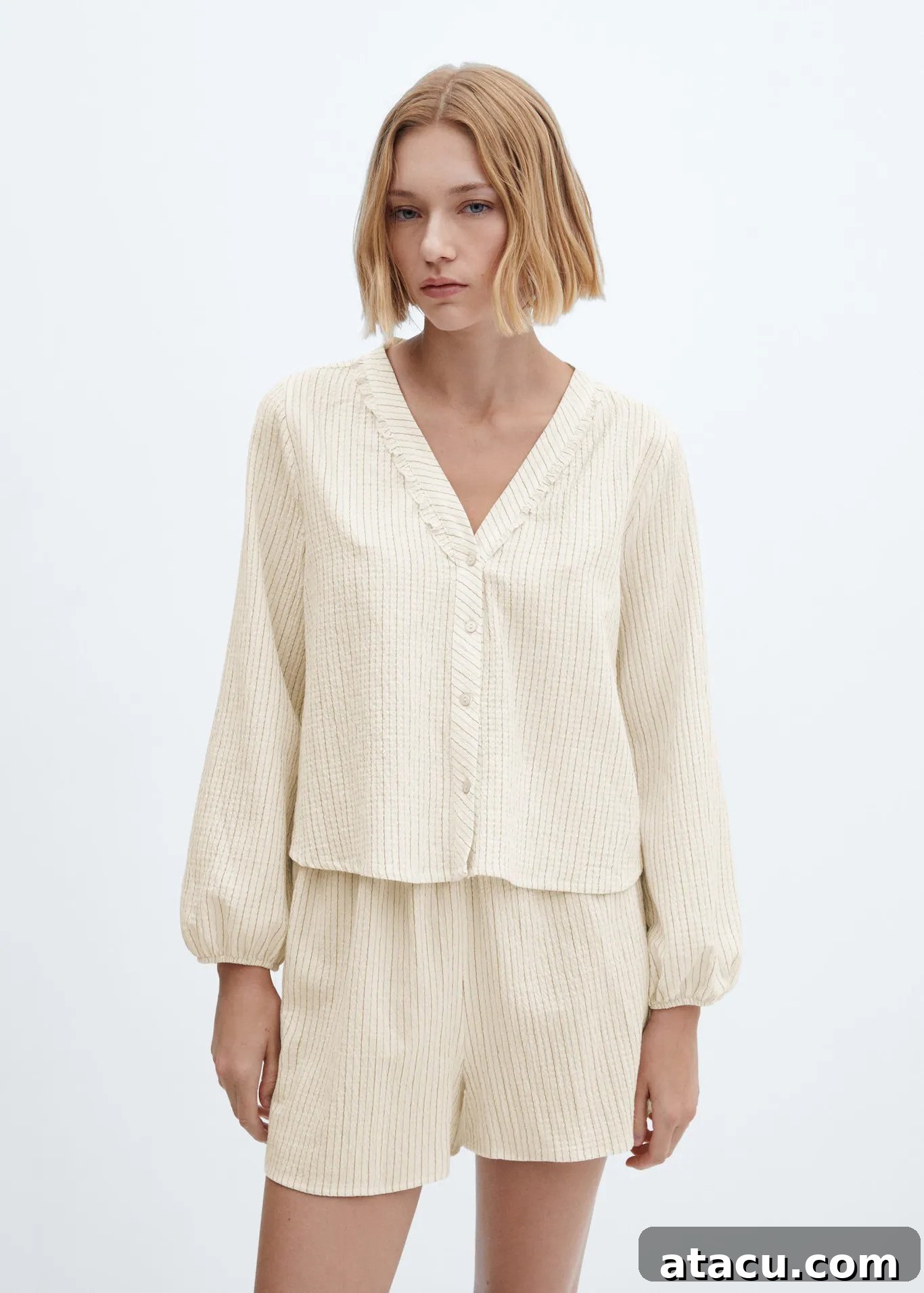 Mango Striped Cotton Pyjamas with oversized silhouette and ruffled neckline